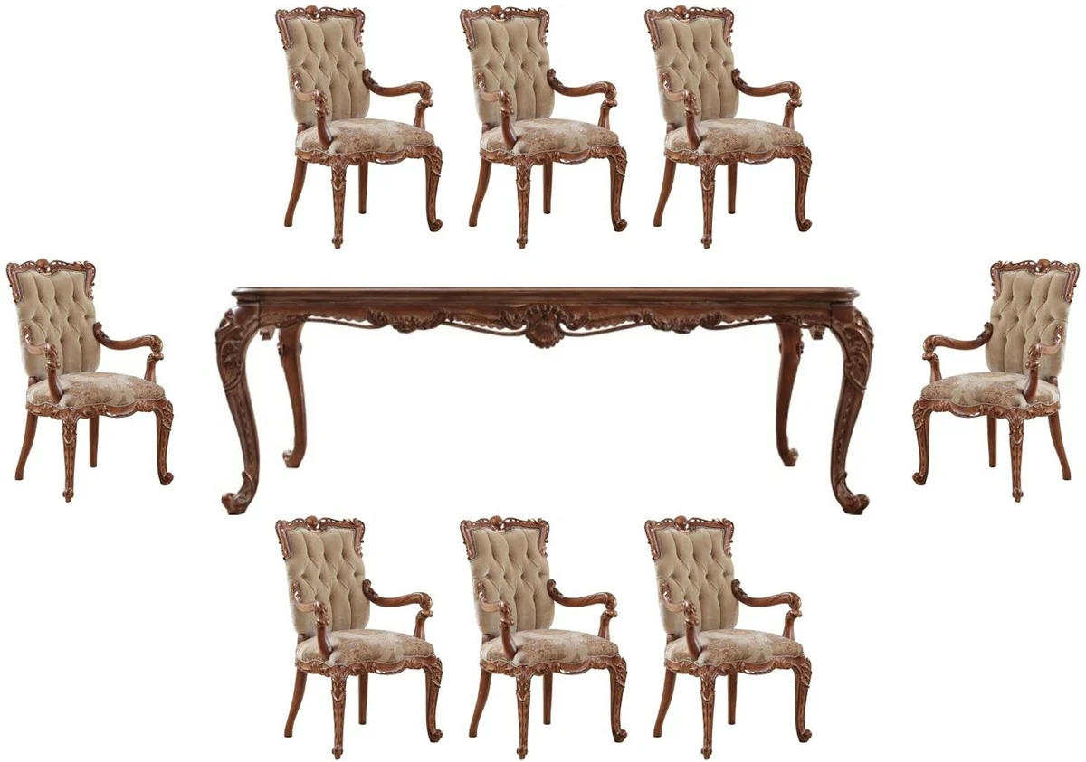 Luxury Baroque Dining Room Set Beige / Brown - 1 Baroque Dining Table & 8 Baroque Dining Room Chairs with Armrests - Dining Room Furniture in Baroque Style - Noble & Magnificent