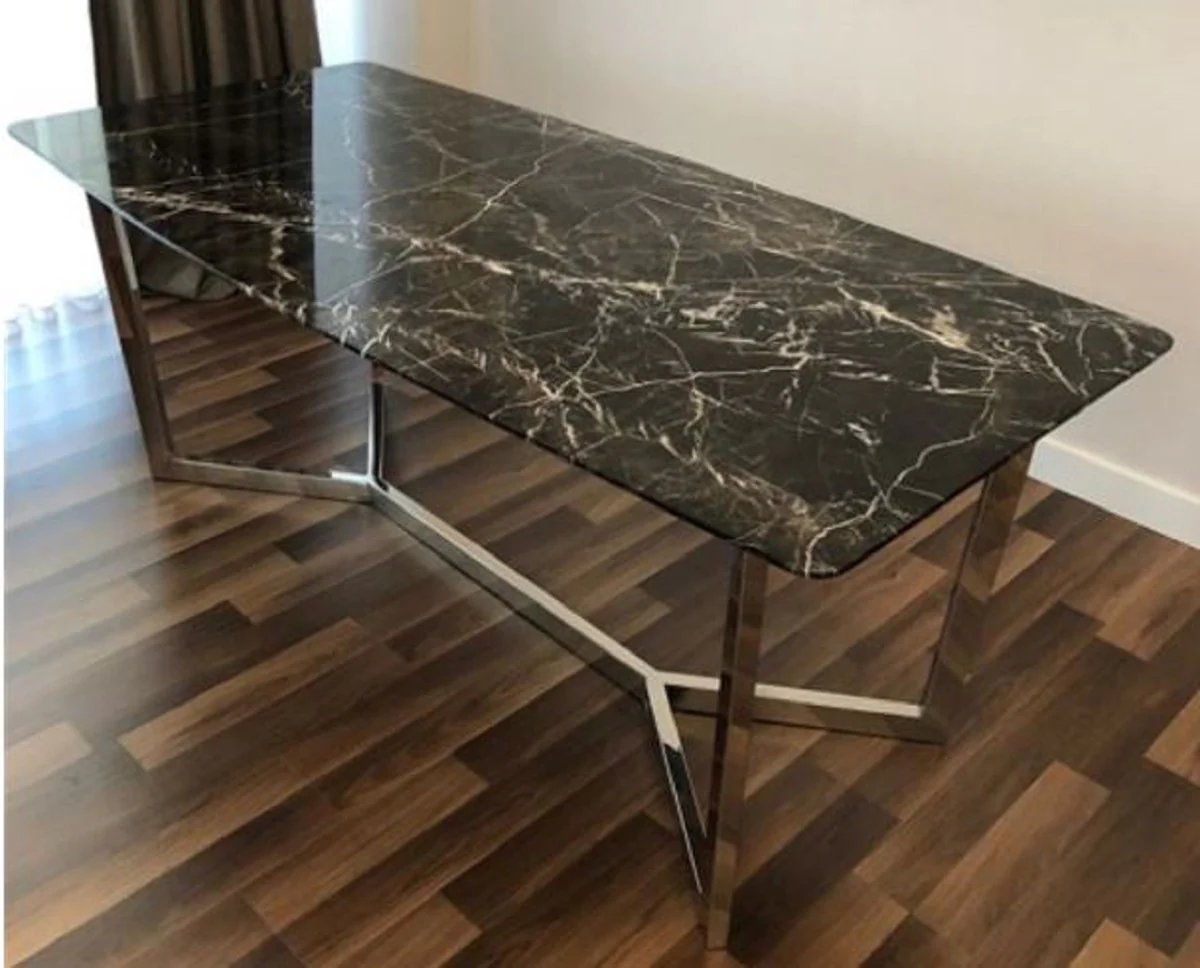 Luxury dining table black / silver 200 x 100 x H. 75 cm - Modern kitchen table with marble table top and stainless steel frame - Luxury dining room furniture