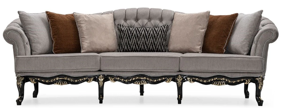 Luxury Baroque Living Room Sofa Gray / Black / Gold - Handmade Baroque Style Sofa with Decorative Pillows - Luxury Living Room Furniture in Baroque Style - Baroque Furniture - Noble & Magnificent