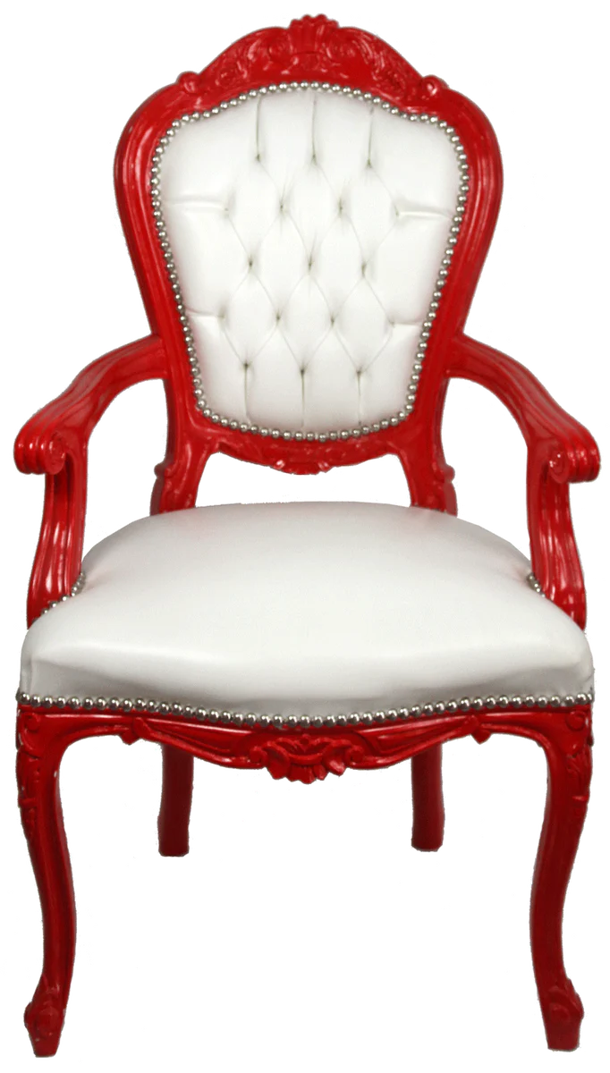 Luxury baroque dining room chair with armrests white / red - handmade kitchen chair with elegant faux leather - baroque dining room furniture