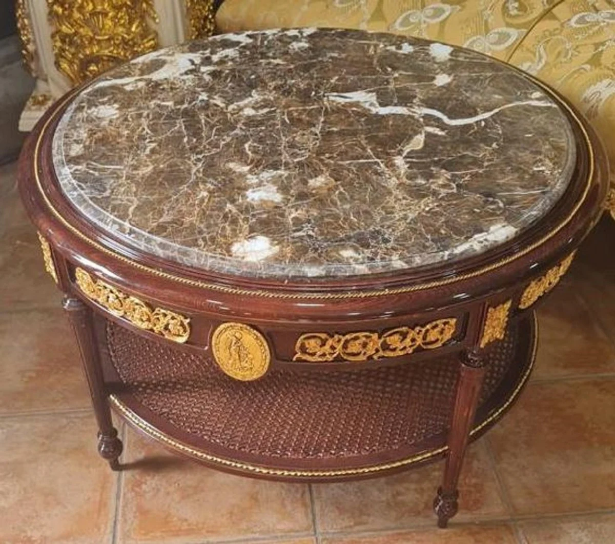 Baroque coffee table with marble top brown / gold / gray - round solid wood living room table in baroque style - baroque style living room furniture - baroque furniture - antique style living room furniture