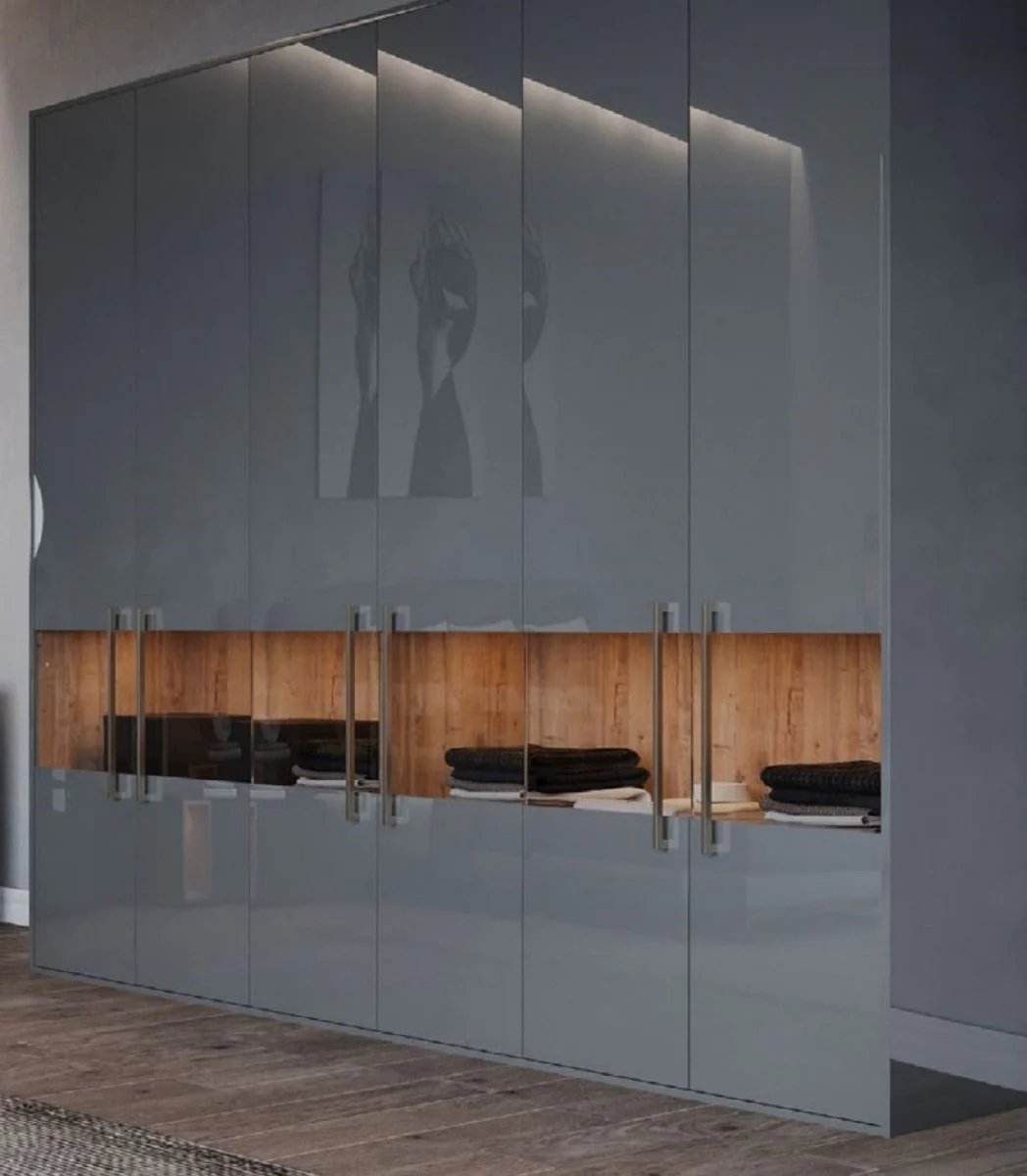 Luxury bedroom wardrobe gray / natural colors 275 x 59.6 x H. 244 cm - solid wood wardrobe with 6 doors - bedroom furniture - hotel furniture - luxury furniture