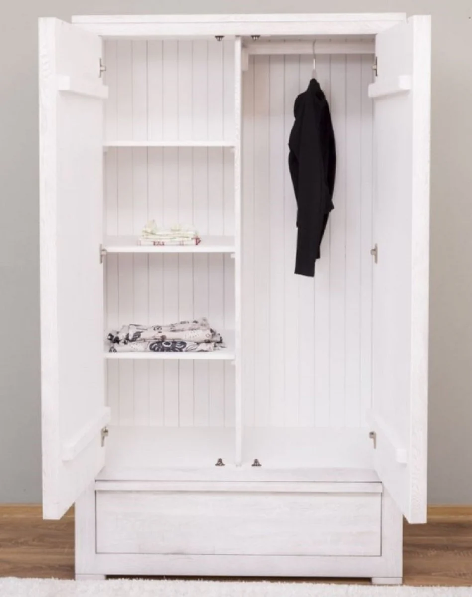 Country house style wardrobe white 110 x 53 x H. 190 cm - solid wood bedroom wardrobe with 2 doors and drawer - country house style bedroom furniture
