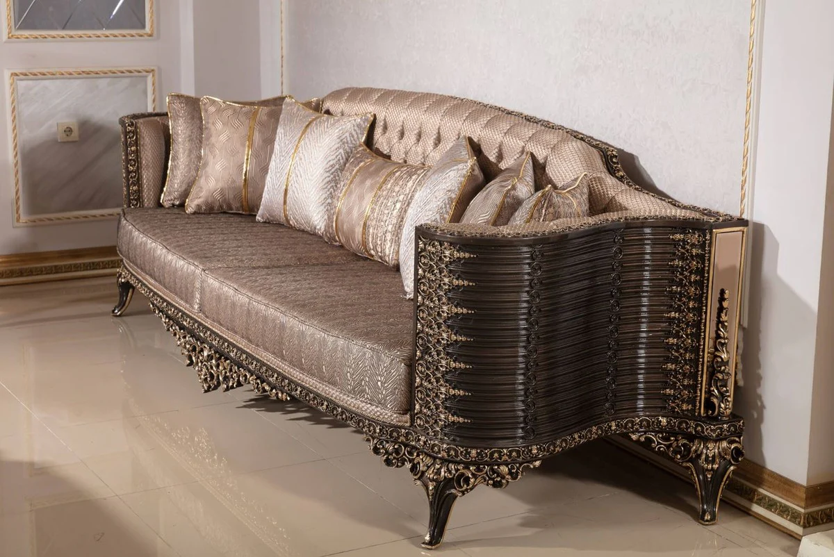 Luxury Baroque Sofa Gray / Dark Brown / Gold 282 cm