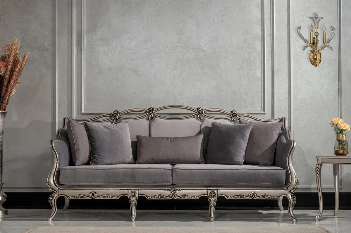 Luxury Baroque Living Room Sofa Gray / Silver - Handmade Baroque Style Sofa with Decorative Pillows - Luxury Living Room Furniture in Baroque Style - Baroque Furniture - Noble & Magnificent