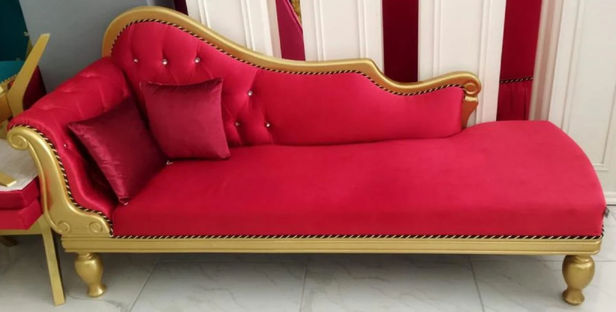 Luxury baroque chaise longue red / gold - handmade solid wood chaise longue with elegant velvet fabric and glittering stones - baroque furniture - noble and magnificent