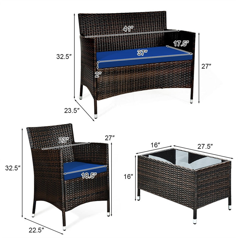 4 Pcs Outdoor Rattan Patio Conversation Set Wicker Furniture Set with Coffee Table and Cushion Sofas