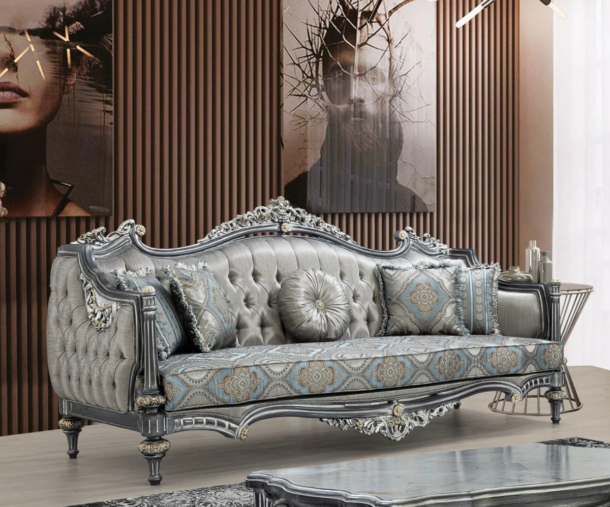 Luxury baroque sofa silver / turquoise / gold 248 x 96 x H. 118 cm - Magnificent solid wood living room sofa with elegant pattern and decorative pillows - Baroque living room furniture