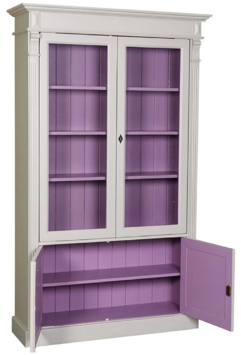 Country house style bookcase light gray / purple 119 x 39 x H. 197 cm - living room cabinet with 4 doors - solid wood cabinet - display cabinet - country house style living room furniture