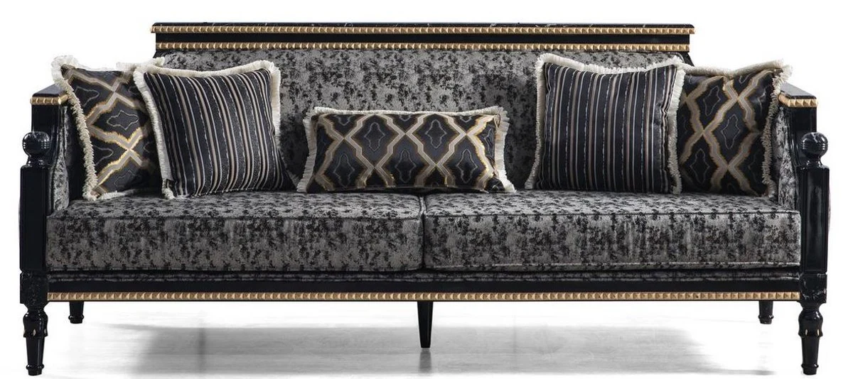 Luxury baroque sofa gray / black / gold 237 x 90 x H. 105 cm - living room sofa with decorative pillows - noble baroque furniture