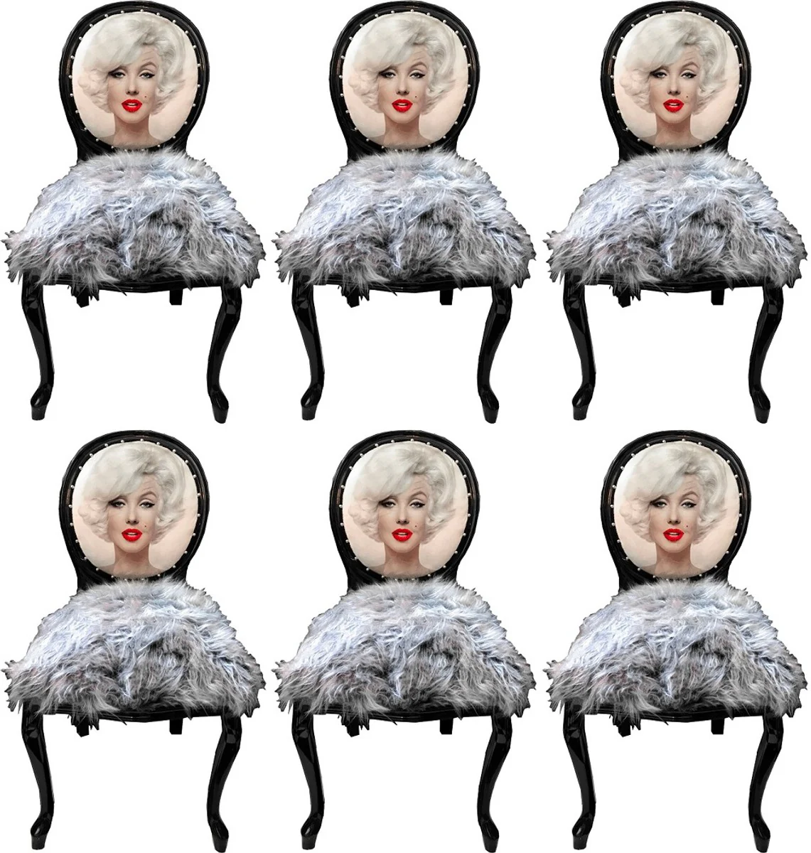 Luxury Baroque Dining Room Chair Set Marilyn Monroe Gray / Black 50 x 60 x H. 104 cm - Handmade Pop Art Designer Chairs with Faux Fur - Baroque Dining Room Furniture