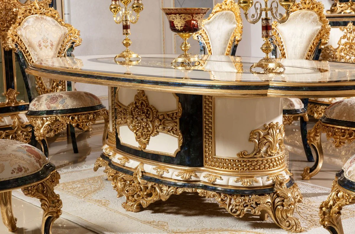 Luxury Baroque Dining Room Set White / Multicolored / Blue / Gold - 1 Baroque Dining Table & 6 Baroque Dining Room Chairs - Baroque Dining Room Furniture - Noble & Magnificent