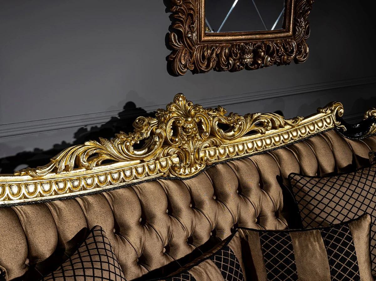 Luxury baroque sofa brown / black / gold 260 x 110 x H. 117 cm - Magnificent living room sofa with decorative pillows - Noble baroque furniture