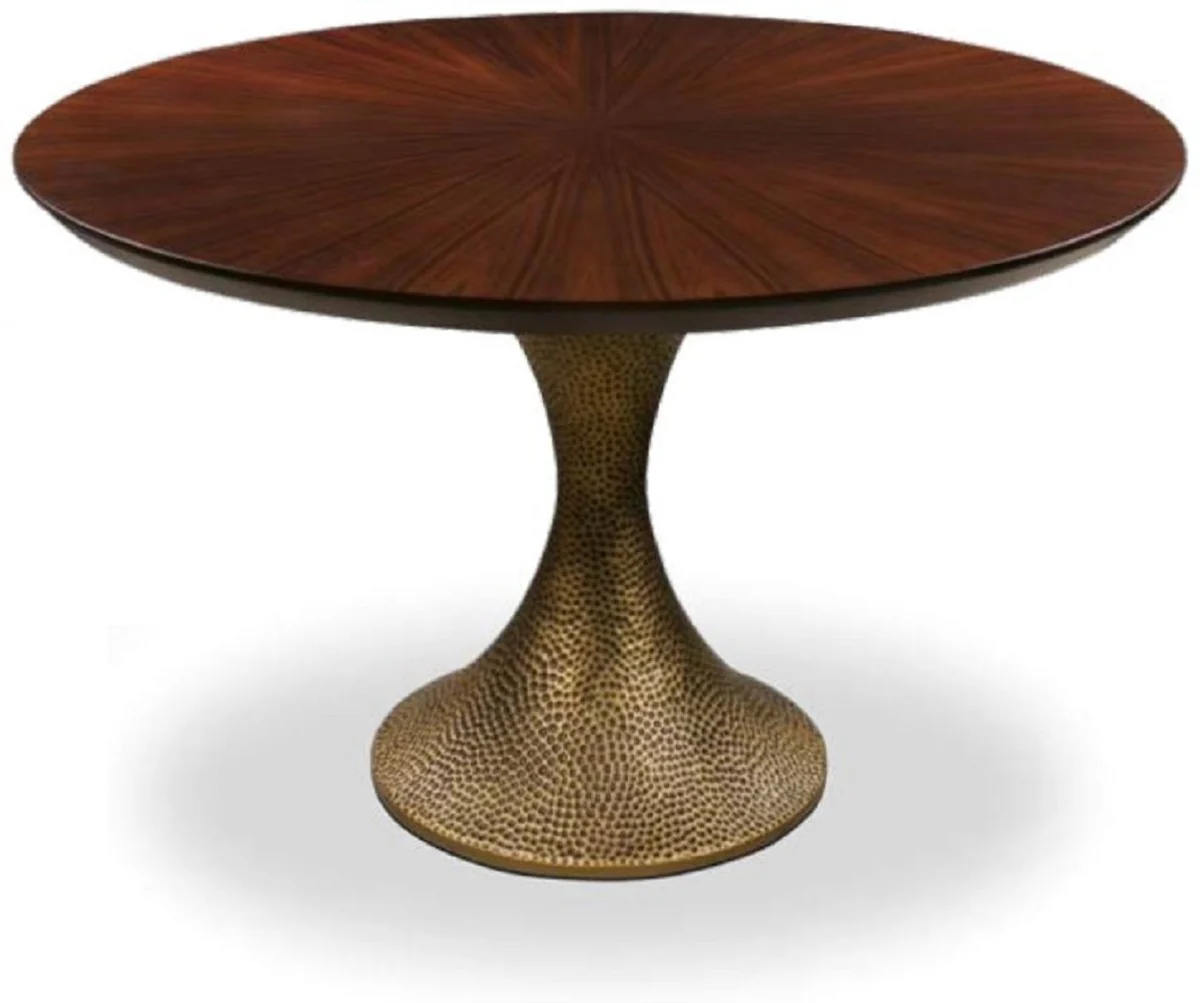 Luxury dining table brown / antique gold Ø 200 x H. 76 cm - Round kitchen table with elegant oak veneer table top and table leg in a hammered look - Luxury dining room furniture