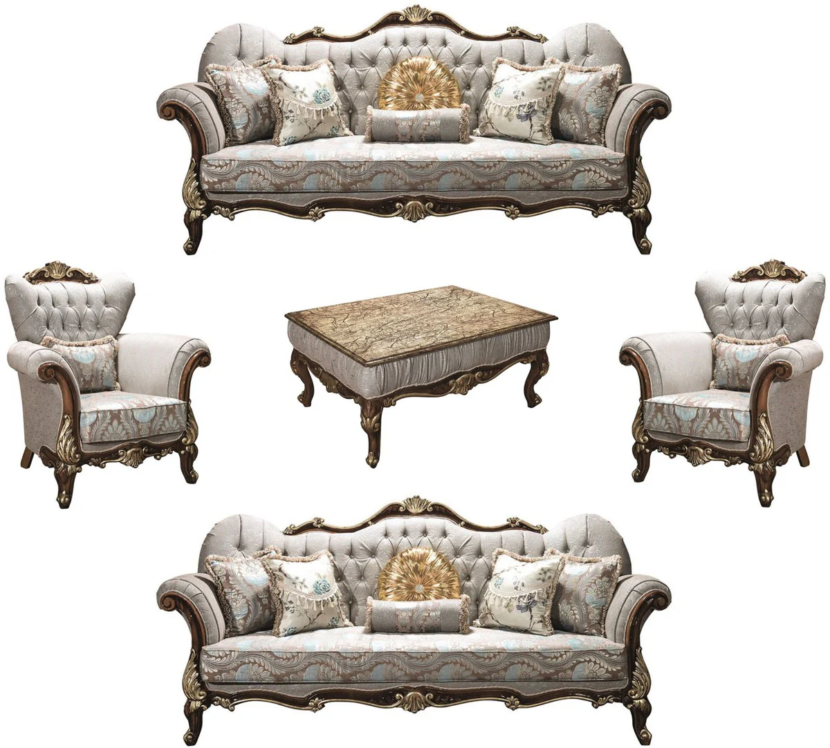 Luxus Barock Wohnzimmer Set Silbergrau / Braun / Gold - 2 Sofas & 2 Sessel & 1 Couchtisch - Wohnzimmer Möbel - Edel & Prunkvoll
