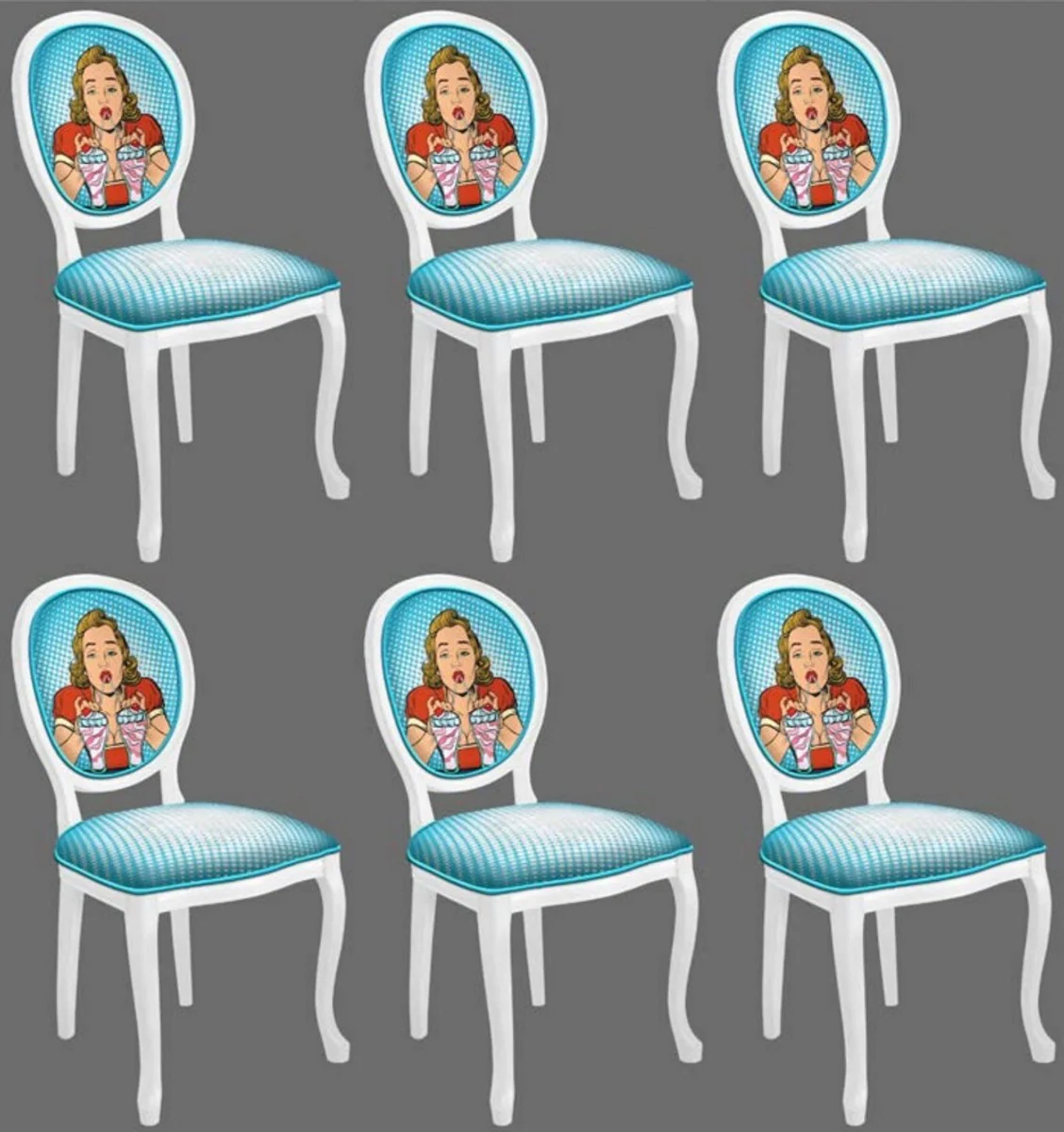 Baroque Dining Room Chair Set Blue / Multicolored / White - 6 Handmade Kitchen Chairs in Baroque Style - Baroque Dining Room Furniture