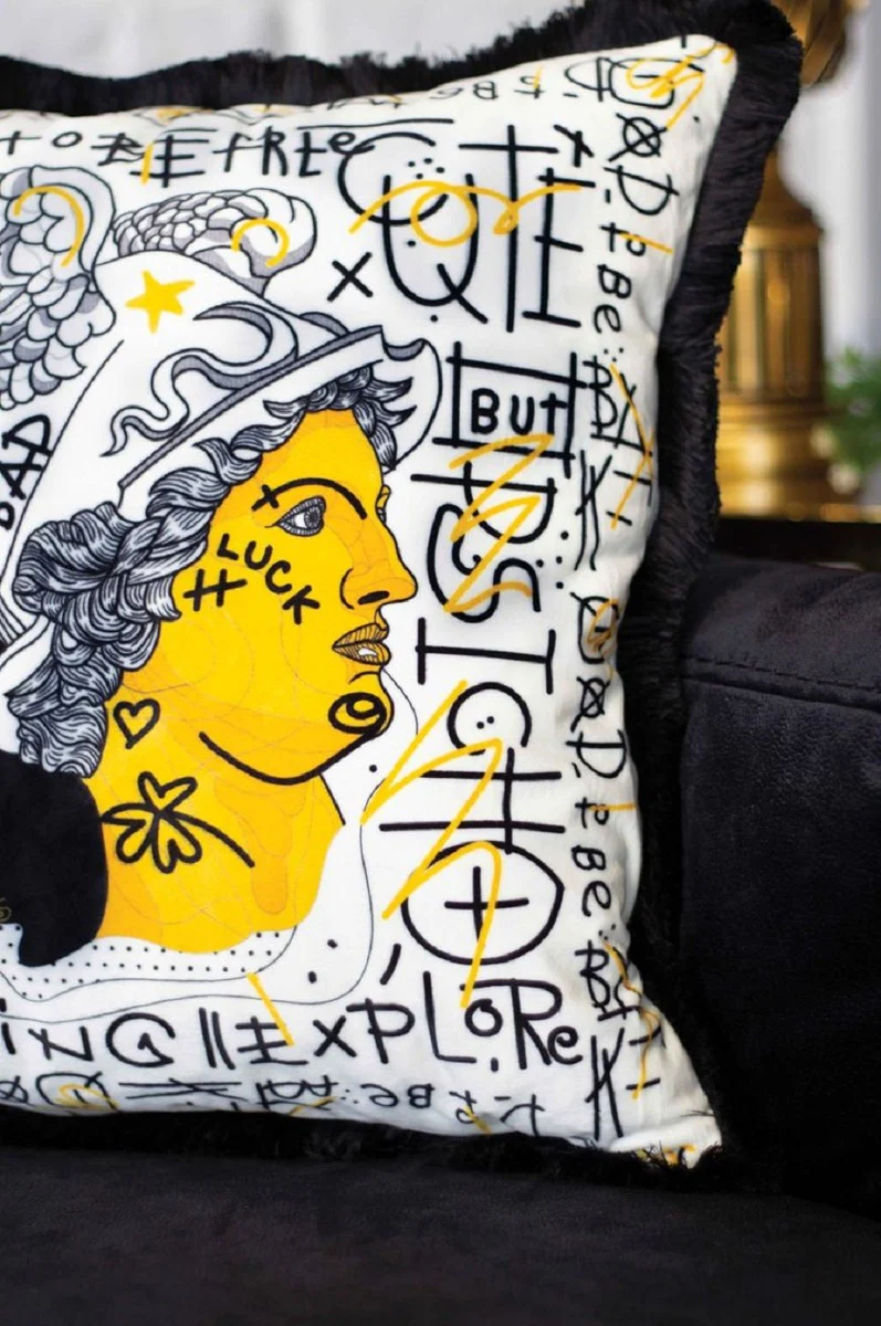 Luxury decorative cushion white / yellow / black 45 x 45 cm - printed velvet cushion with fringes - luxury decorative accessories