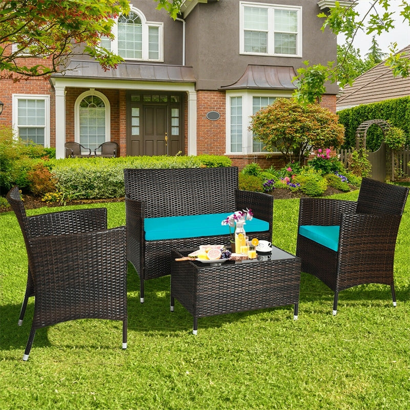4 Pcs Outdoor Rattan Patio Conversation Set Wicker Furniture Set with Coffee Table and Cushion Sofas