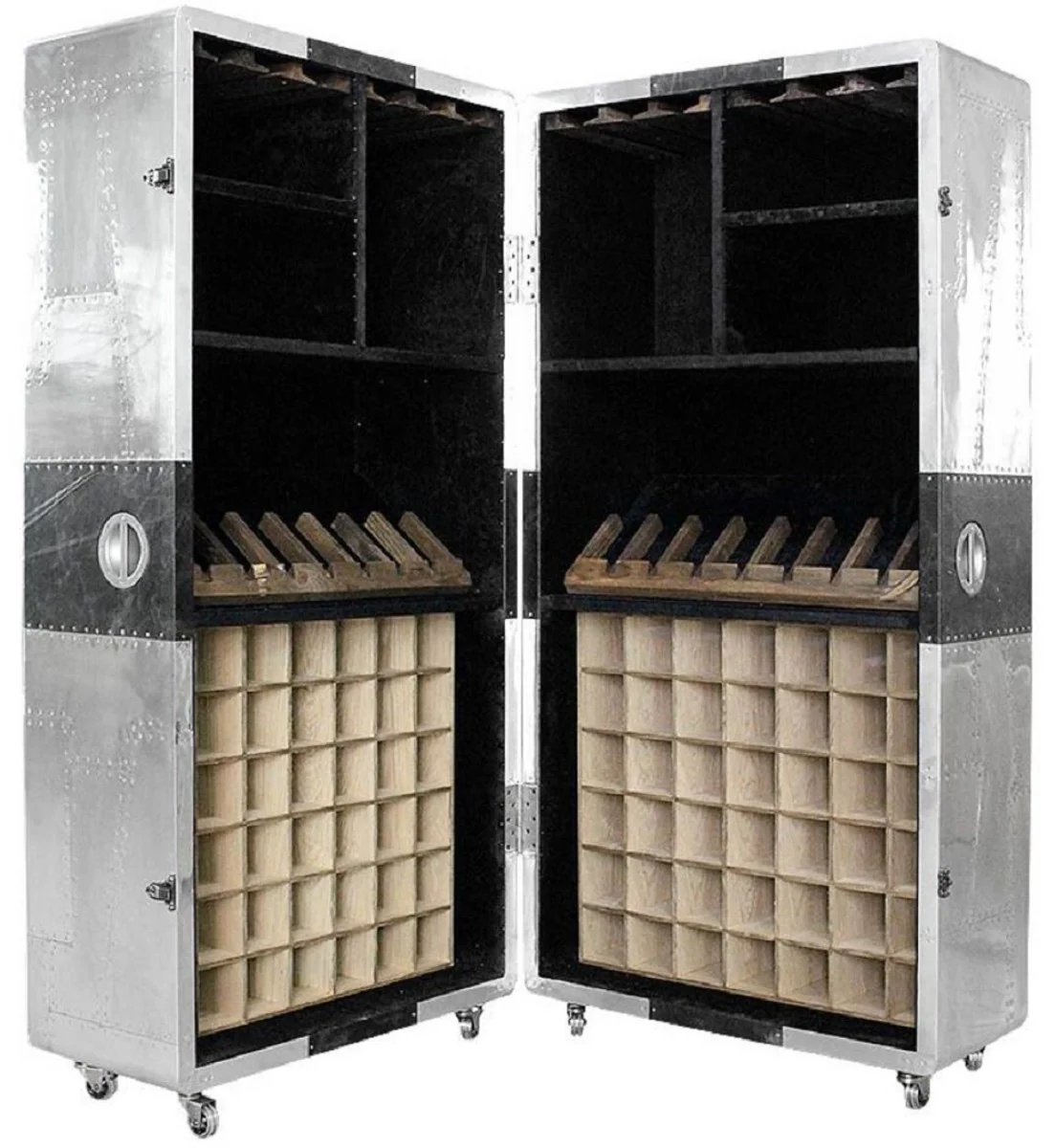 Luxury wine cabinet in suitcase design silver / black 86 x 80 x H. 177 cm - aluminum bar cabinet - suitcase cabinet - airplane furniture - aviator furniture - aluminum furniture - luxury bar furniture