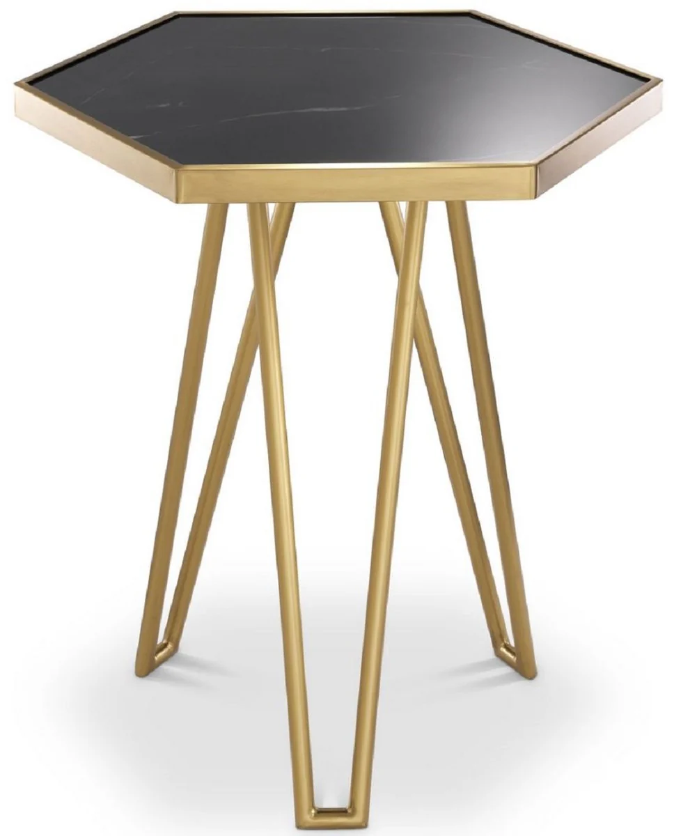 Luxury side table brass / black 50 x 43 x H. 54.5 cm - Modern hexagonal stainless steel table with polished marble top - Living room furniture - Luxury furniture