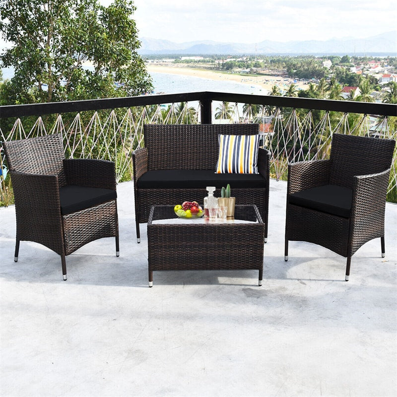 4 Pcs Outdoor Rattan Patio Conversation Set Wicker Furniture Set with Coffee Table and Cushion Sofas