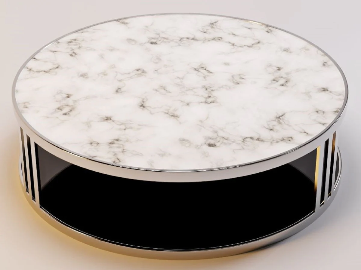 Luxury coffee table silver / white / black Ø 115 x H. 33 cm - Round living room table with marble top and tinted glass top - Luxury furniture