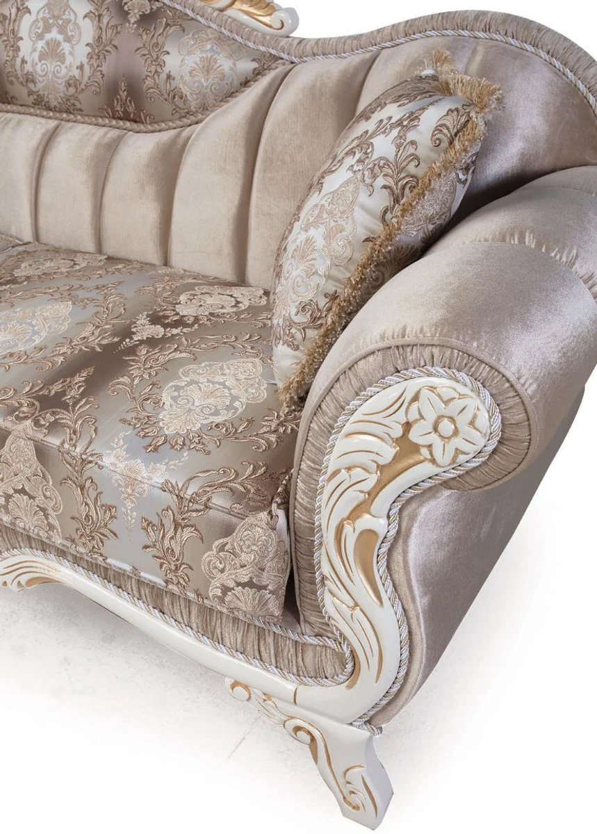Luxury baroque sofa with cushions beige / white / gold 237 x 90 x H. 99 cm - Baroque living room furniture