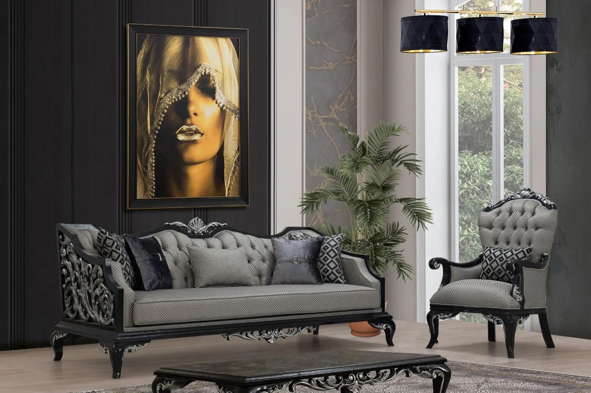 Luxury Baroque Sofa Silver / Black - Living Room Sofa in Baroque Style - Baroque Living Room Furniture - Noble & Magnificent