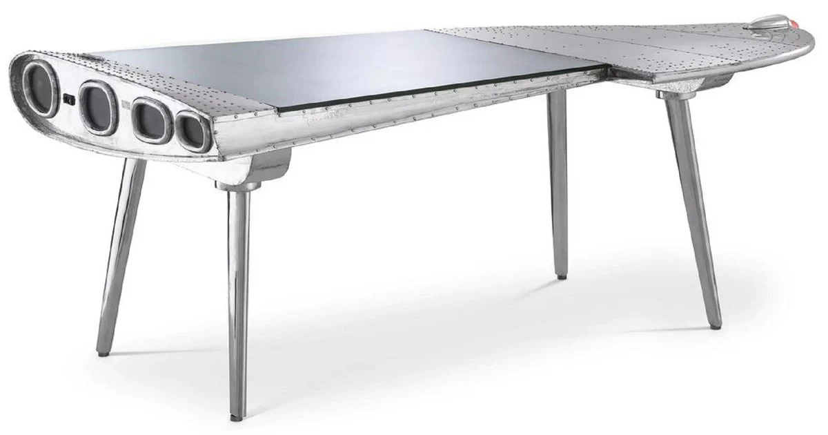 Luxury aluminum aviator desk right silver 214 x 110 x H. 80 cm - aircraft design office table - aluminum furniture - aircraft furniture - office furniture - luxury furniture - luxury furnishings