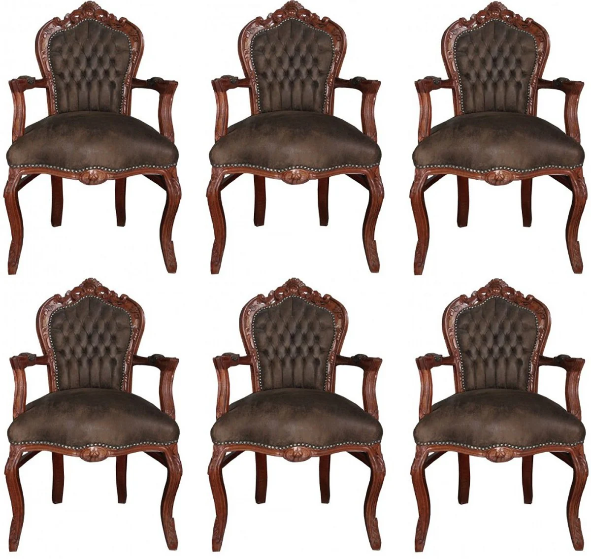 Baroque dining room set brown / brown leather look 53 x 57 x H. 108 cm - 6 handmade dining chairs with armrests - Baroque furniture