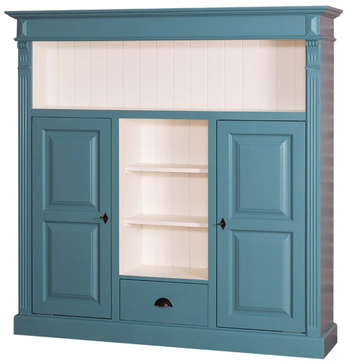 Country house style bookcase blue-green / white 60 x 36 x H. 100 cm - solid wood cabinet with 2 doors and drawer - living room cabinet - country house style furniture