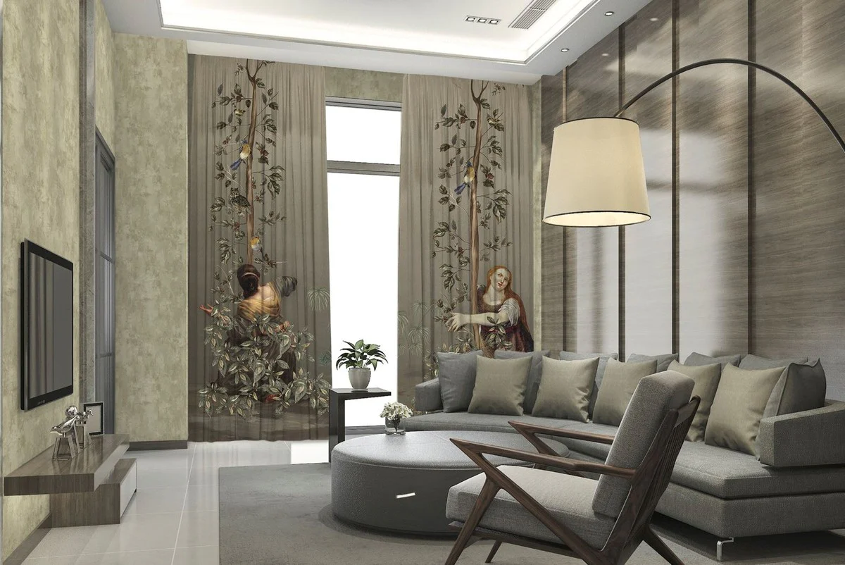 Luxus Vorhang Set Frauen im Garten Grau / Mehrfarbig 250 x H. 290 cm - Bedruckte Leinen & Samt Vorhänge - Ösenvorhänge - Schiebevorhänge - Luxus Kollektion