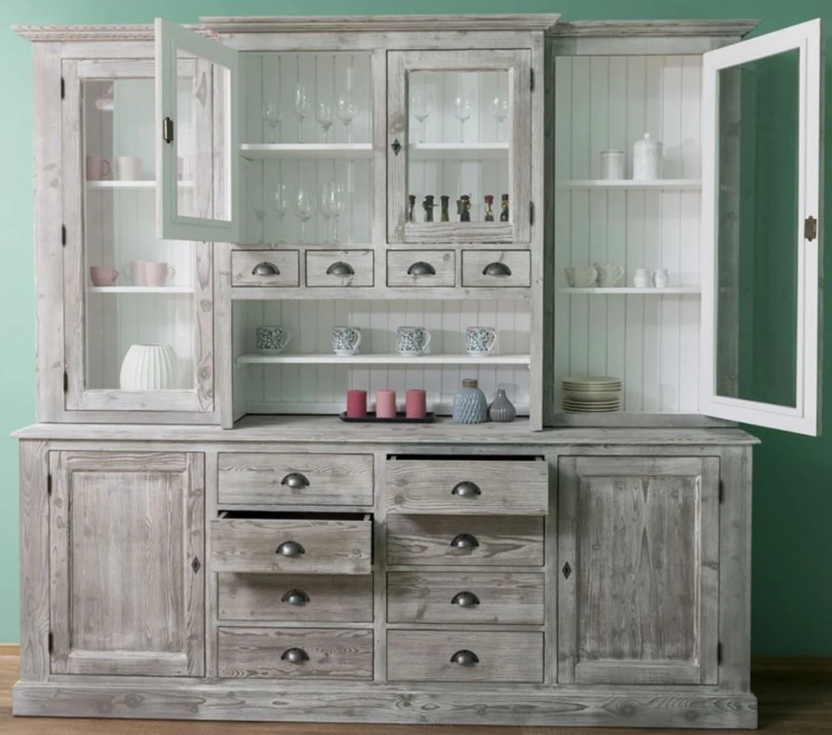 Country house style kitchen cabinet gray / white 244 x 47 x H. 225 cm - 2-part cabinet with 6 doors and 12 drawers - country house style kitchen furniture
