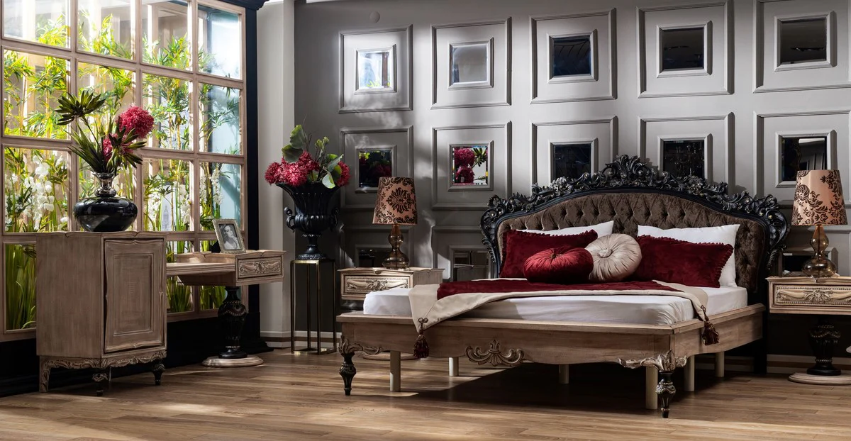 Luxury baroque double bed dark brown / natural colors / black / gold - elegant solid wood bed with headboard - magnificent bedroom furniture in the baroque style