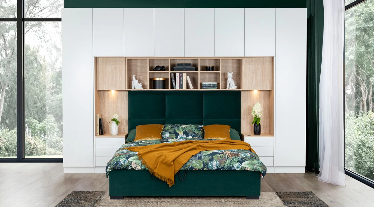 Luxury bedroom furniture set matt white / natural / green / black - double bed with bedroom wardrobe - hotel furniture - bedroom furniture - luxury furniture - luxury furnishings