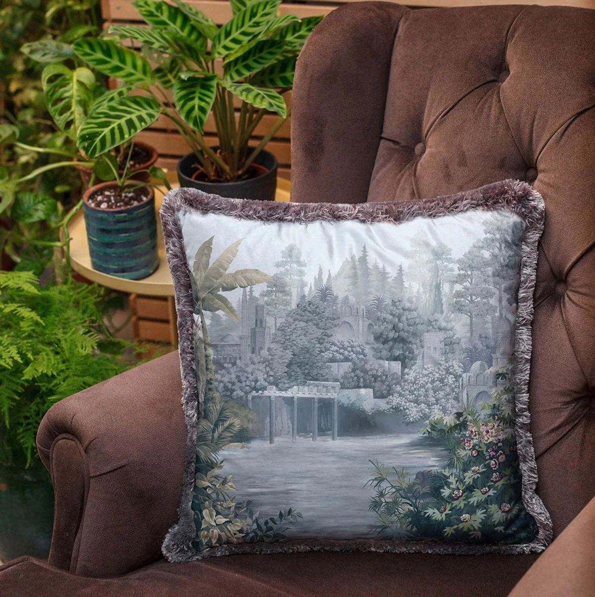 Luxury decorative cushion antique landscape multicolored / gray 45 x 45 cm - printed velvet cushion with fringes - luxury decorative accessories