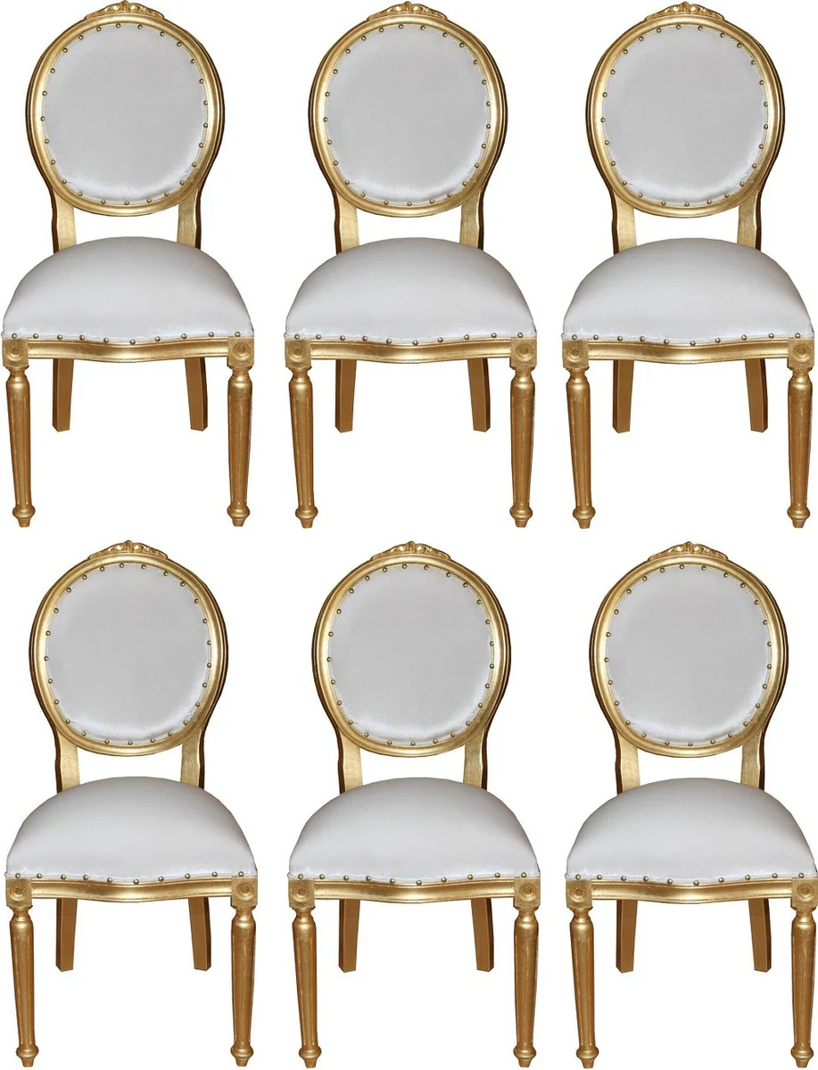 Luxury Baroque dining room set medallion white / gold 50 x 52 x H. 99 cm - 6 handmade dining chairs - Baroque dining room furniture