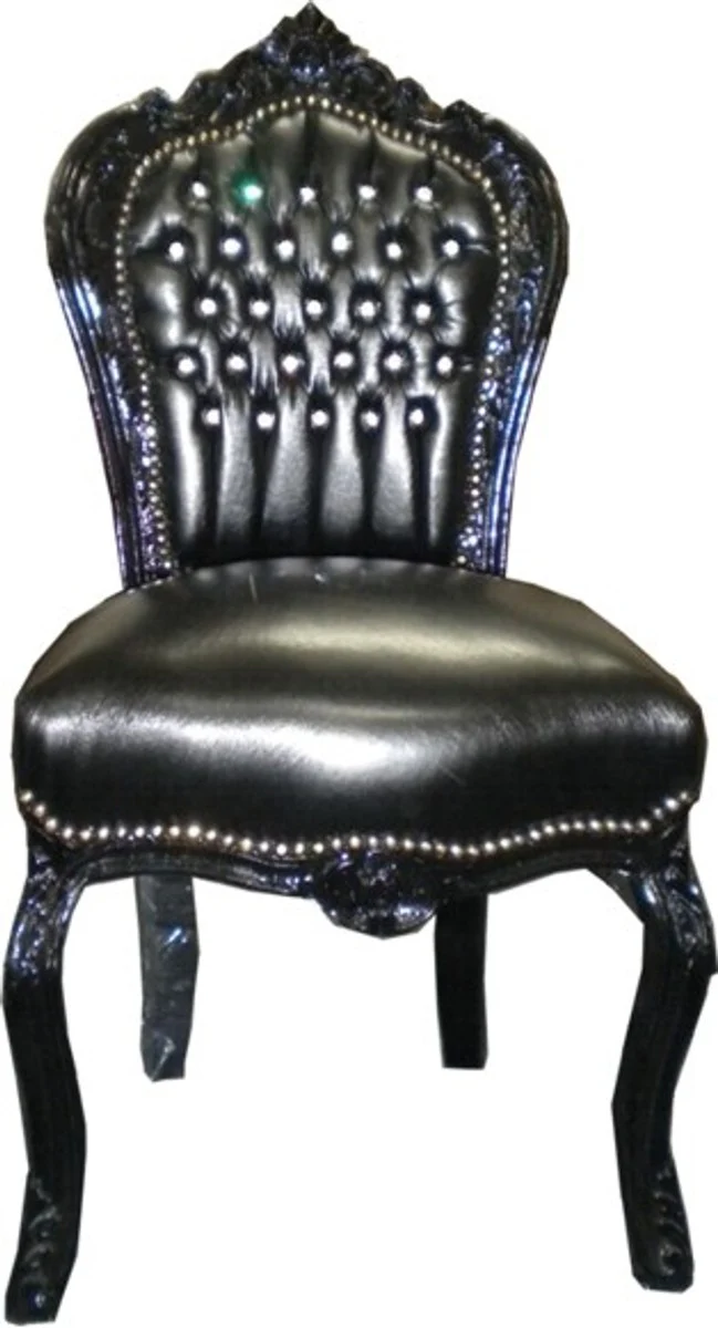 Baroque Dining Room Chair Black / Black Leather Look Bling Bling