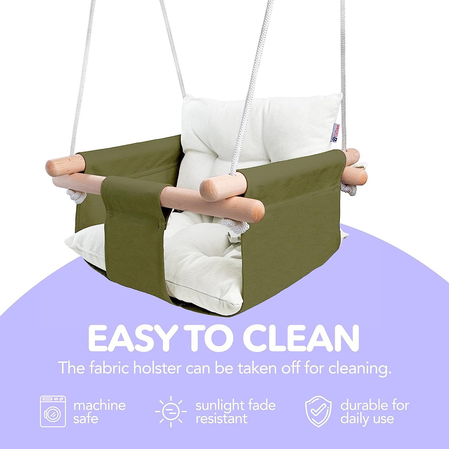 Babyschaukel aus Segeltuch, hängender Schaukelsitz aus Holz mit Sicherheitsgurt, langlebiger Baby-Hängemattenstuhl, Außen- und Innenschaukel für Kinder, Montagezubehör im Lieferumfang enthalten, Elfenbeinfarben