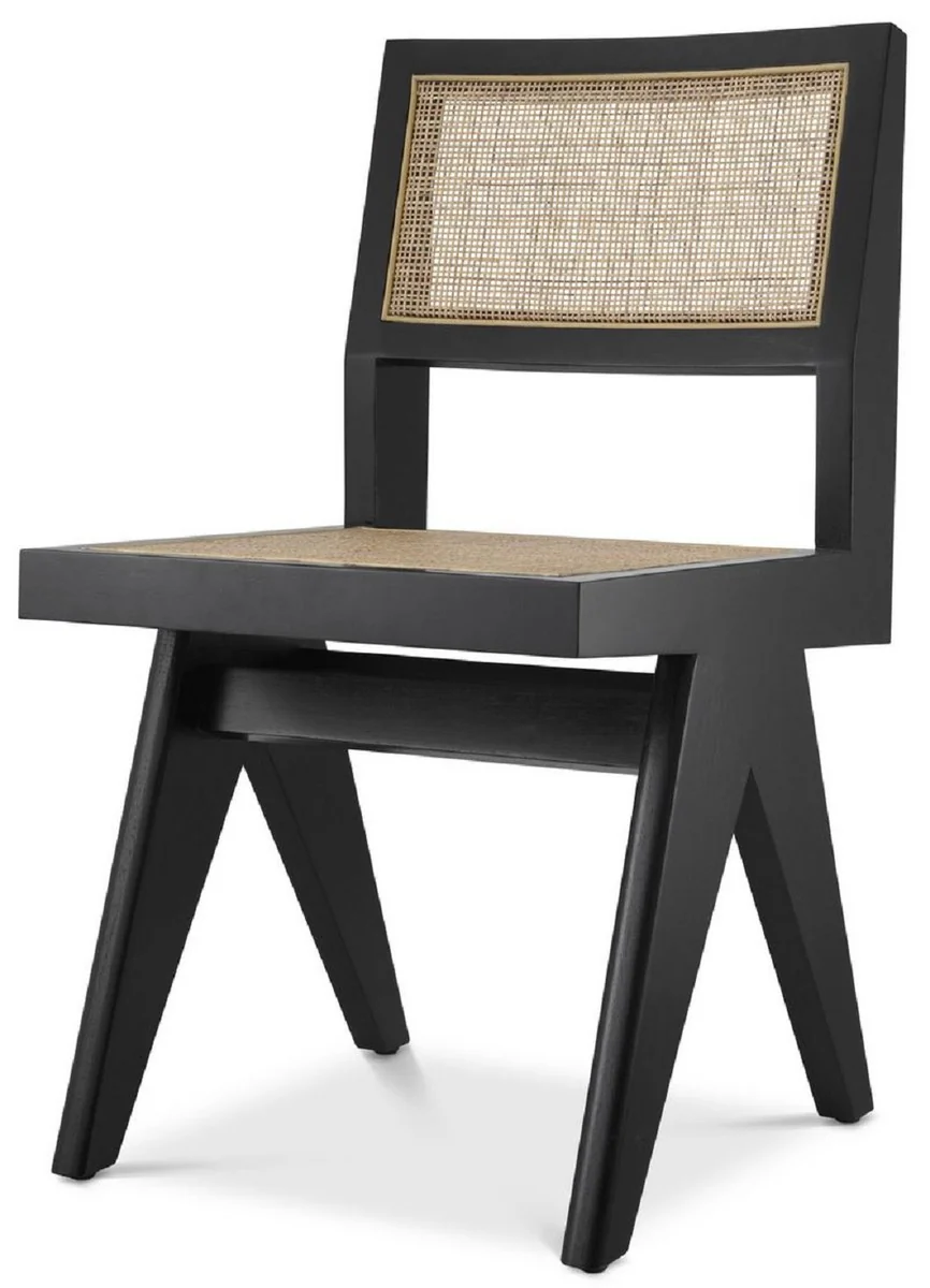 Luxury dining room chair black / natural colors 44 x 54 x H. 85.5 cm - solid wood chair with rattan weave - luxury dining room furniture