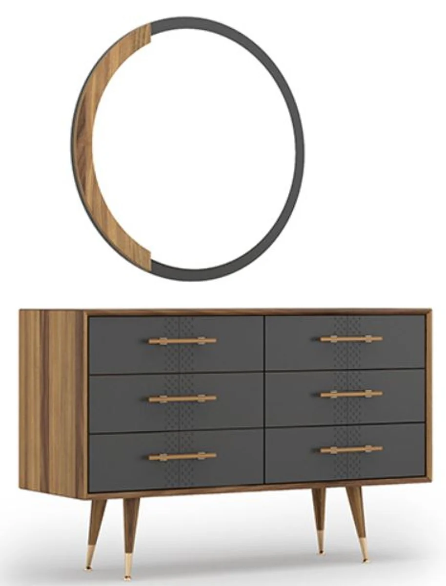 Luxury bedroom set brown / gray / brass - 1 chest of drawers with 6 drawers & 1 wall mirror - Bedroom cabinet with mirror - Bedroom furniture - Luxury collection