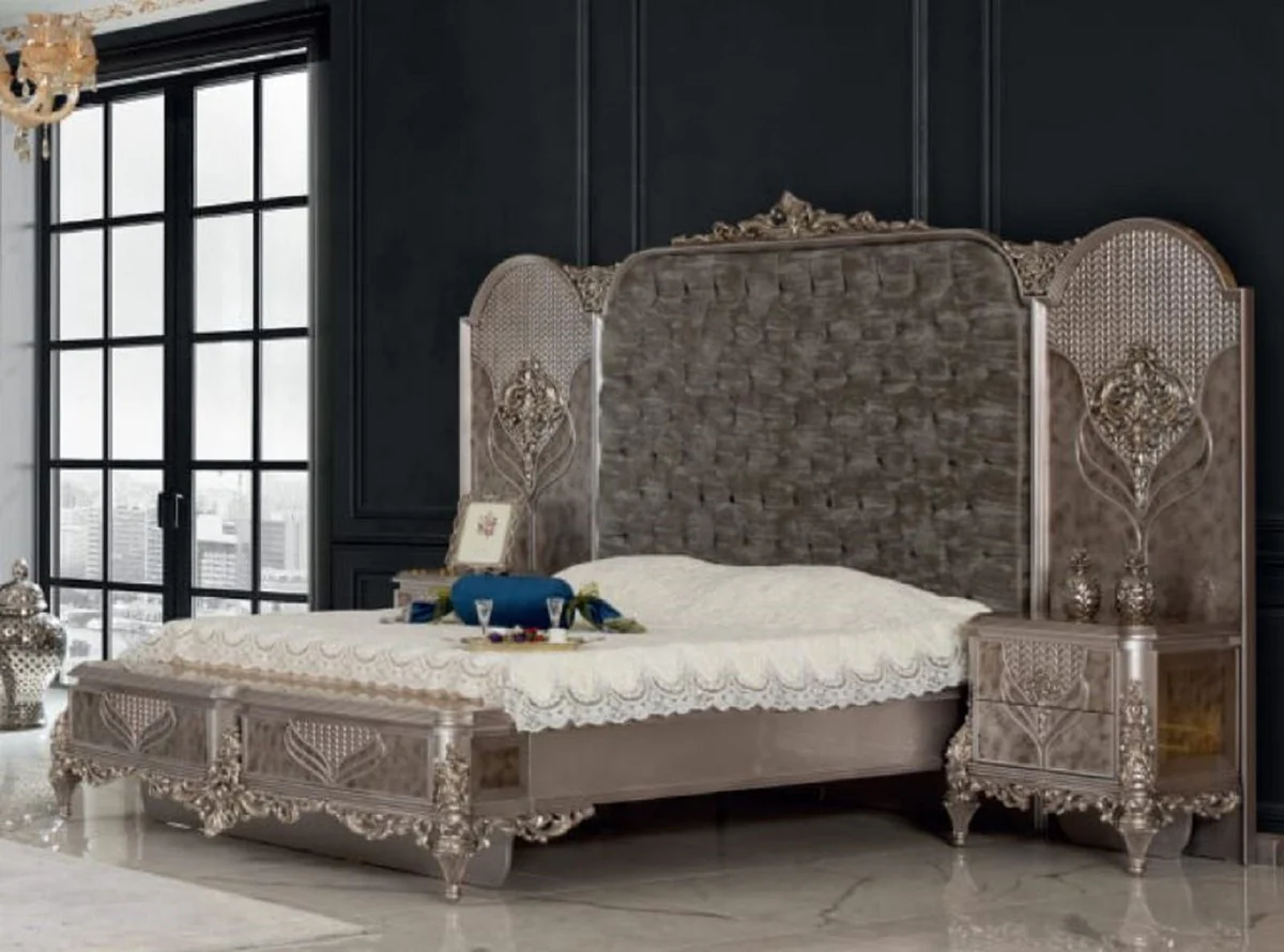 Luxury baroque bedroom set silver - 1 double bed with headboard & 2 bedside tables - bedroom furniture in baroque style - noble and magnificent
