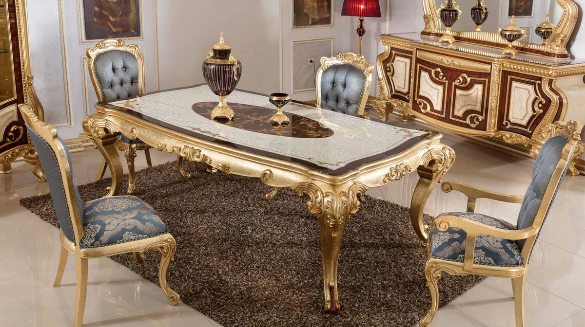 Luxury baroque dining table white / brown / gold - magnificent solid wood dining room table in baroque style - magnificent baroque dining room furniture