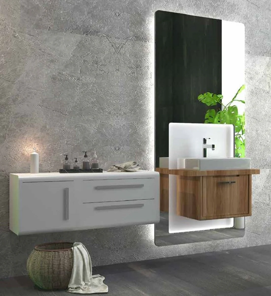 Luxury bathroom set brown / white - 1 washbasin and 1 sink and 1 LED wall mirror and 1 wall cabinet - luxury bathroom furniture