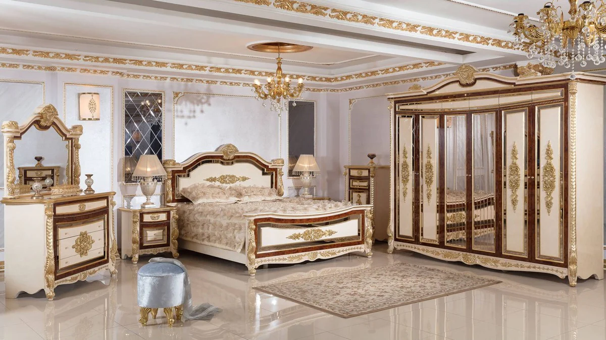 Luxury baroque nightstand white / beige / brown / gold - magnificent baroque bedside table with 3 drawers - luxury bedroom furniture in baroque style - baroque furniture - baroque furnishings