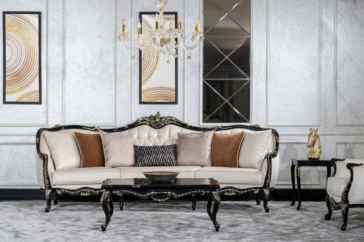 Luxury Baroque Living Room Sofa Cream / Black / Gold - Handmade Baroque Style Sofa with Decorative Cushions - Luxury Living Room Furniture in Baroque Style - Baroque Furniture - Noble & Magnificent