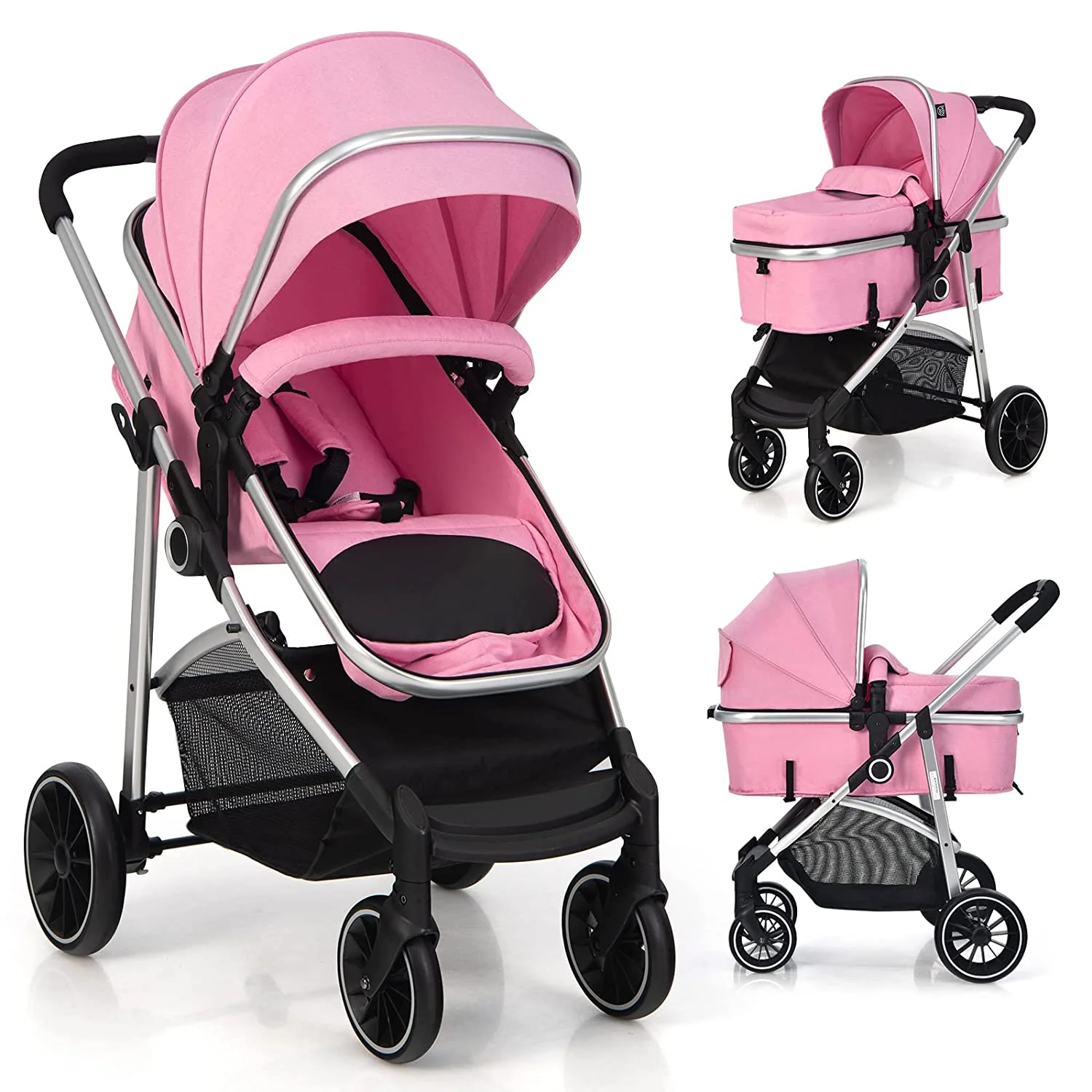 Umwandelbarer Kinderwagen, Hochformat-Kinderwagen mit umkehrbarem Sitz, abnehmbarem Fußsack, verstellbarer Rückenlehne und Verdeck, faltbarer Kinderwagen für Babys von 0–36 Monaten, Rosa