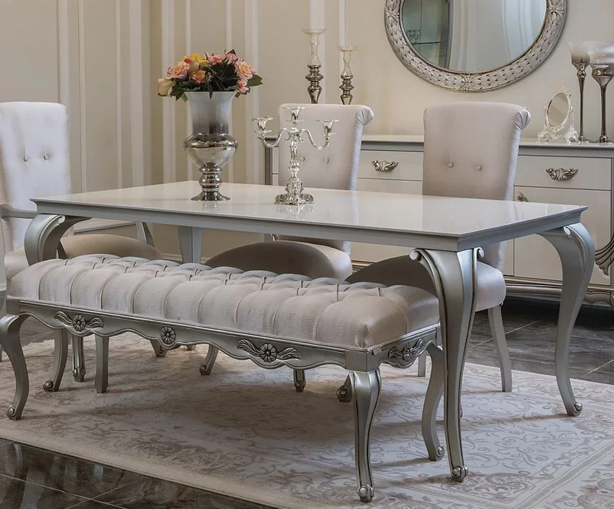 Luxury baroque dining table white / silver - elegant solid wood kitchen table in baroque style - baroque dining room furniture