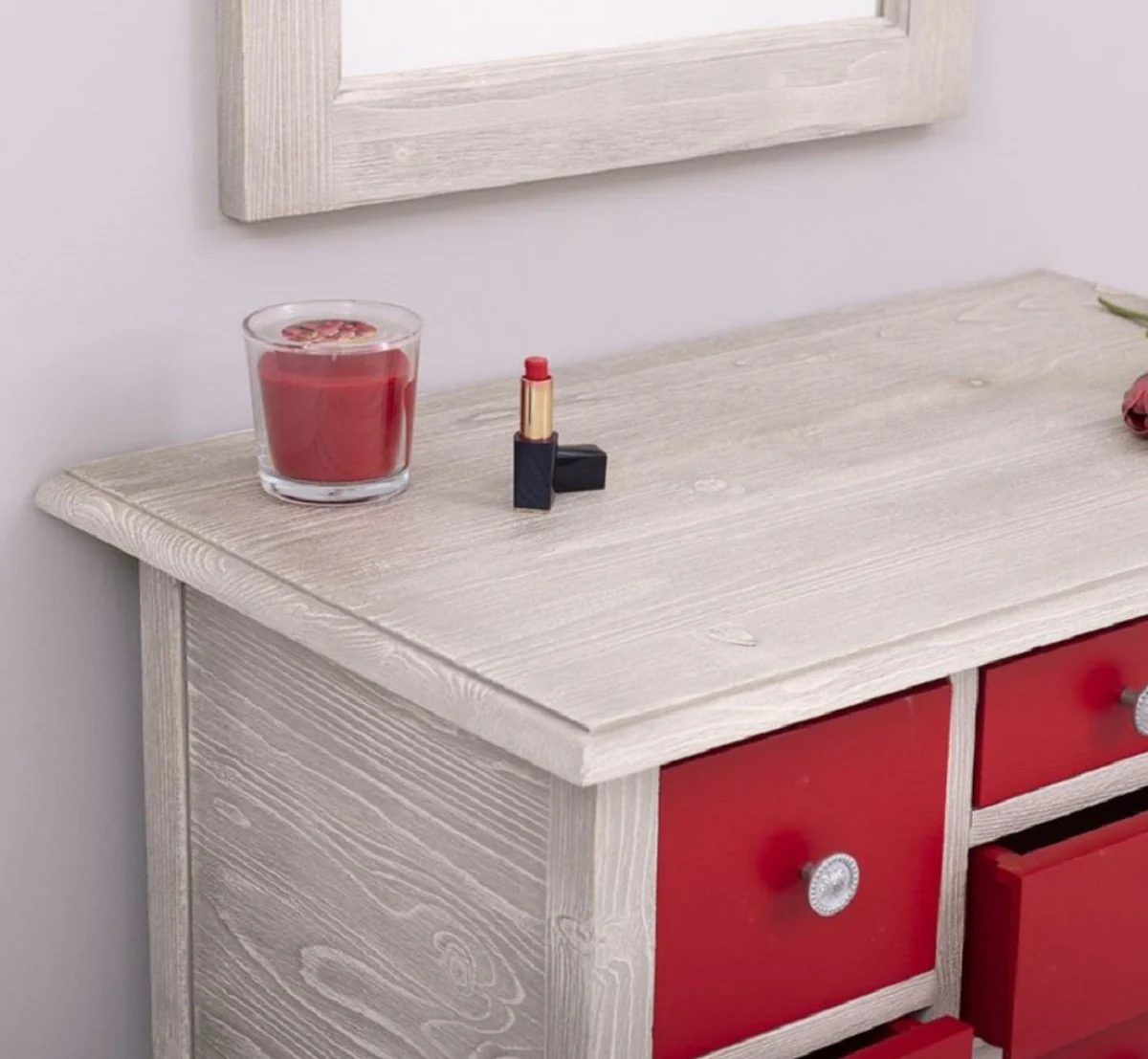 Country house style chest of drawers with mirror light gray / red - solid wood cabinet with wall mirror - country house style wardrobe furniture