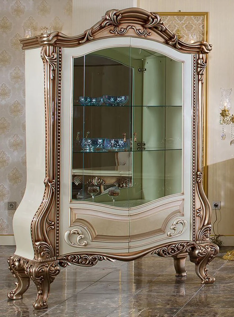 Luxury baroque display cabinet white / beige / copper colored - magnificent solid wood display cabinet with 2 glass doors and 2 glass shelves - baroque furniture - noble & magnificent